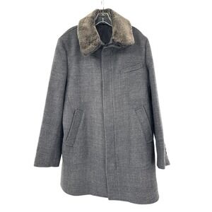 Zara Men Gray Wool Blend Mens Coat With Faux Fur Collar & Button Cuffs